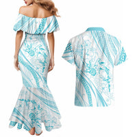 Sharks Couple Dreamy Polynesians Floral Sea Couples Matching Mermaid Dress and Hawaiian Shirt Turquoise LT7 - Polynesian Pride