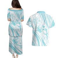 Sharks Couple Dreamy Polynesians Floral Sea Couples Matching Puletasi and Hawaiian Shirt Turquoise LT7 - Polynesian Pride