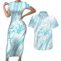 Sharks Couple Dreamy Polynesians Floral Sea Couples Matching Short Sleeve Bodycon Dress and Hawaiian Shirt Turquoise LT7 Turquoise - Polynesian Pride