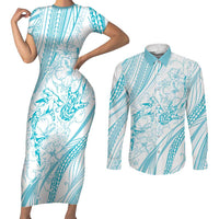 Sharks Couple Dreamy Polynesians Floral Sea Couples Matching Short Sleeve Bodycon Dress and Long Sleeve Button Shirt Turquoise LT7 Turquoise - Polynesian Pride