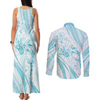 Sharks Couple Dreamy Polynesians Floral Sea Couples Matching Tank Maxi Dress and Long Sleeve Button Shirt Turquoise LT7 - Polynesian Pride