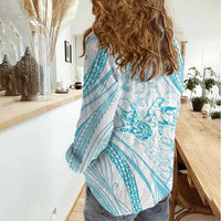 Sharks Couple Dreamy Polynesians Floral Sea Women Casual Shirt Turquoise LT7 - Polynesian Pride