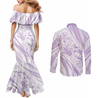 Sharks Couple Dreamy Polynesians Floral Sea Couples Matching Mermaid Dress and Long Sleeve Button Shirt Lilac LT7 - Polynesian Pride