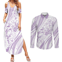 Sharks Couple Dreamy Polynesians Floral Sea Couples Matching Summer Maxi Dress and Long Sleeve Button Shirt Lilac LT7 Lilac - Polynesian Pride