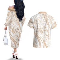 Sharks Couple Dreamy Polynesians Floral Sea Couples Matching Off The Shoulder Long Sleeve Dress and Hawaiian Shirt Hazel LT7 - Polynesian Pride