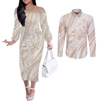 Sharks Couple Dreamy Polynesians Floral Sea Couples Matching Off The Shoulder Long Sleeve Dress and Long Sleeve Button Shirt Hazel LT7 Hazel - Polynesian Pride