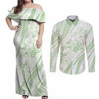 Sharks Couple Dreamy Polynesians Floral Sea Couples Matching Off Shoulder Maxi Dress and Long Sleeve Button Shirt Emerald LT7 Emerald - Polynesian Pride