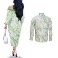 Sharks Couple Dreamy Polynesians Floral Sea Couples Matching Off The Shoulder Long Sleeve Dress and Long Sleeve Button Shirt Emerald LT7 - Polynesian Pride