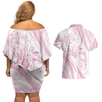 Sharks Couple Dreamy Polynesians Floral Sea Couples Matching Off Shoulder Short Dress and Hawaiian Shirt Pink LT7 - Polynesian Pride