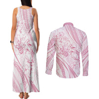 Sharks Couple Dreamy Polynesians Floral Sea Couples Matching Tank Maxi Dress and Long Sleeve Button Shirt Pink LT7 - Polynesian Pride