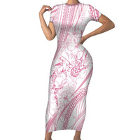 Sharks Couple Dreamy Polynesians Floral Sea Short Sleeve Bodycon Dress Pink LT7 Long Dress Pink - Polynesian Pride