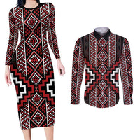 Red Tukutuku Pattern Aotearoa Couples Matching Long Sleeve Bodycon Dress and Long Sleeve Button Shirt Niho Taniwha and Puhoro Motifs LT7 Red - Polynesian Pride
