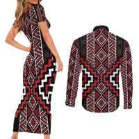 Red Tukutuku Pattern Aotearoa Couples Matching Short Sleeve Bodycon Dress and Long Sleeve Button Shirt Niho Taniwha and Puhoro Motifs LT7 - Polynesian Pride