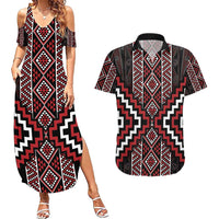 Red Tukutuku Pattern Aotearoa Couples Matching Summer Maxi Dress and Hawaiian Shirt Niho Taniwha and Puhoro Motifs LT7 Red - Polynesian Pride