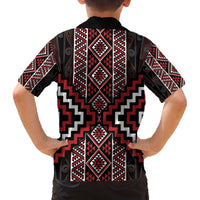 Red Tukutuku Pattern Aotearoa Family Matching Off The Shoulder Long Sleeve Dress and Hawaiian Shirt Niho Taniwha and Puhoro Motifs LT7 - Polynesian Pride