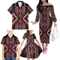 Red Tukutuku Pattern Aotearoa Family Matching Off The Shoulder Long Sleeve Dress and Hawaiian Shirt Niho Taniwha and Puhoro Motifs LT7 - Polynesian Pride