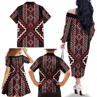 Red Tukutuku Pattern Aotearoa Family Matching Off The Shoulder Long Sleeve Dress and Hawaiian Shirt Niho Taniwha and Puhoro Motifs LT7 - Polynesian Pride