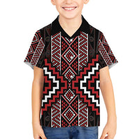Red Tukutuku Pattern Aotearoa Family Matching Off The Shoulder Long Sleeve Dress and Hawaiian Shirt Niho Taniwha and Puhoro Motifs LT7 Son's Shirt Red - Polynesian Pride