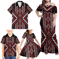 Red Tukutuku Pattern Aotearoa Family Matching Off Shoulder Maxi Dress and Hawaiian Shirt Niho Taniwha and Puhoro Motifs LT7 - Polynesian Pride
