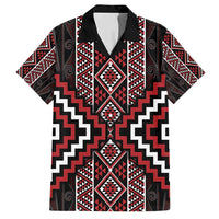 Red Tukutuku Pattern Aotearoa Family Matching Off Shoulder Short Dress and Hawaiian Shirt Niho Taniwha and Puhoro Motifs LT7 Dad's Shirt - Short Sleeve Red - Polynesian Pride