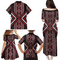 Red Tukutuku Pattern Aotearoa Family Matching Puletasi and Hawaiian Shirt Niho Taniwha and Puhoro Motifs LT7 - Polynesian Pride