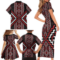 Red Tukutuku Pattern Aotearoa Family Matching Short Sleeve Bodycon Dress and Hawaiian Shirt Niho Taniwha and Puhoro Motifs LT7 - Polynesian Pride