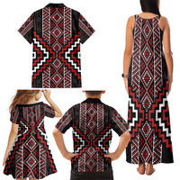 Red Tukutuku Pattern Aotearoa Family Matching Tank Maxi Dress and Hawaiian Shirt Niho Taniwha and Puhoro Motifs LT7 - Polynesian Pride