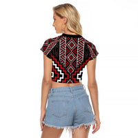 Red Tukutuku Pattern Aotearoa Raglan Cropped T Shirt Niho Taniwha and Puhoro Motifs