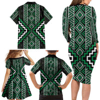 Jade Tukutuku Pattern Aotearoa Family Matching Long Sleeve Bodycon Dress and Hawaiian Shirt Niho Taniwha and Puhoro Motifs LT7 - Polynesian Pride
