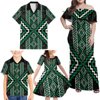 Jade Tukutuku Pattern Aotearoa Family Matching Off Shoulder Maxi Dress and Hawaiian Shirt Niho Taniwha and Puhoro Motifs LT7 - Polynesian Pride