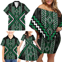 Jade Tukutuku Pattern Aotearoa Family Matching Off Shoulder Short Dress and Hawaiian Shirt Niho Taniwha and Puhoro Motifs LT7 - Polynesian Pride