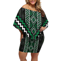 Jade Tukutuku Pattern Aotearoa Family Matching Off Shoulder Short Dress and Hawaiian Shirt Niho Taniwha and Puhoro Motifs LT7 Mom's Dress Green - Polynesian Pride