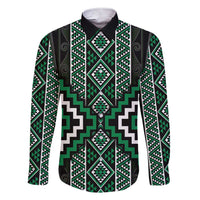 Jade Tukutuku Pattern Aotearoa Family Matching Short Sleeve Bodycon Dress and Hawaiian Shirt Niho Taniwha and Puhoro Motifs LT7 Dad's Shirt - Long Sleeve Green - Polynesian Pride