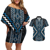 Azure Tukutuku Pattern Aotearoa Couples Matching Off Shoulder Short Dress and Hawaiian Shirt Niho Taniwha and Puhoro Motifs LT7 Blue - Polynesian Pride