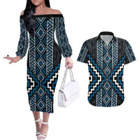 Azure Tukutuku Pattern Aotearoa Couples Matching Off The Shoulder Long Sleeve Dress and Hawaiian Shirt Niho Taniwha and Puhoro Motifs LT7 Blue - Polynesian Pride