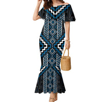 Azure Tukutuku Pattern Aotearoa Family Matching Mermaid Dress and Hawaiian Shirt Niho Taniwha and Puhoro Motifs LT7 Mom's Dress Blue - Polynesian Pride