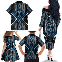 Azure Tukutuku Pattern Aotearoa Family Matching Off The Shoulder Long Sleeve Dress and Hawaiian Shirt Niho Taniwha and Puhoro Motifs LT7 - Polynesian Pride