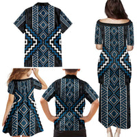 Azure Tukutuku Pattern Aotearoa Family Matching Puletasi and Hawaiian Shirt Niho Taniwha and Puhoro Motifs LT7 - Polynesian Pride