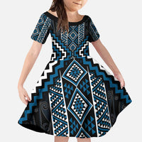 Azure Tukutuku Pattern Aotearoa Family Matching Short Sleeve Bodycon Dress and Hawaiian Shirt Niho Taniwha and Puhoro Motifs LT7 Daughter's Dress Blue - Polynesian Pride