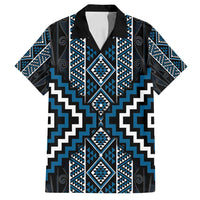 Azure Tukutuku Pattern Aotearoa Family Matching Tank Maxi Dress and Hawaiian Shirt Niho Taniwha and Puhoro Motifs LT7 Dad's Shirt - Short Sleeve Blue - Polynesian Pride