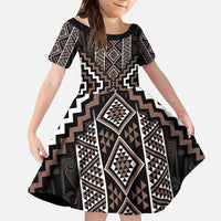 Classic Tukutuku Pattern Aotearoa Family Matching Long Sleeve Bodycon Dress and Hawaiian Shirt Niho Taniwha and Puhoro Motifs LT7 Daughter's Dress Brown - Polynesian Pride