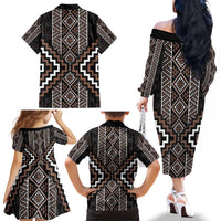 Classic Tukutuku Pattern Aotearoa Family Matching Off The Shoulder Long Sleeve Dress and Hawaiian Shirt Niho Taniwha and Puhoro Motifs LT7 - Polynesian Pride
