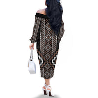 Classic Tukutuku Pattern Aotearoa Family Matching Off The Shoulder Long Sleeve Dress and Hawaiian Shirt Niho Taniwha and Puhoro Motifs LT7 - Polynesian Pride