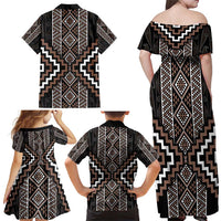 Classic Tukutuku Pattern Aotearoa Family Matching Off Shoulder Maxi Dress and Hawaiian Shirt Niho Taniwha and Puhoro Motifs LT7 - Polynesian Pride