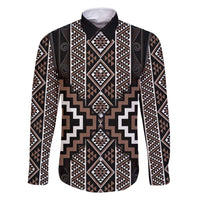 Classic Tukutuku Pattern Aotearoa Family Matching Off Shoulder Maxi Dress and Hawaiian Shirt Niho Taniwha and Puhoro Motifs LT7 Dad's Shirt - Long Sleeve Brown - Polynesian Pride