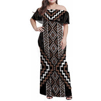 Classic Tukutuku Pattern Aotearoa Family Matching Off Shoulder Maxi Dress and Hawaiian Shirt Niho Taniwha and Puhoro Motifs LT7 Mom's Dress Brown - Polynesian Pride