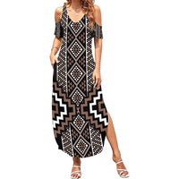 Classic Tukutuku Pattern Aotearoa Family Matching Summer Maxi Dress and Hawaiian Shirt Niho Taniwha and Puhoro Motifs LT7 Mom's Dress Brown - Polynesian Pride
