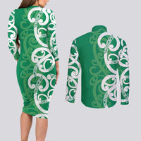 Pounamu Green Maori Couples Matching Long Sleeve Bodycon Dress and Long Sleeve Button Shirt Koru Kowhaiwhai LT7 - Polynesian Pride