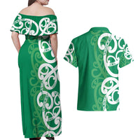 Pounamu Green Maori Couples Matching Off Shoulder Maxi Dress and Hawaiian Shirt Koru Kowhaiwhai LT7 - Polynesian Pride
