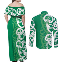 Pounamu Green Maori Couples Matching Off Shoulder Maxi Dress and Long Sleeve Button Shirt Koru Kowhaiwhai LT7 - Polynesian Pride